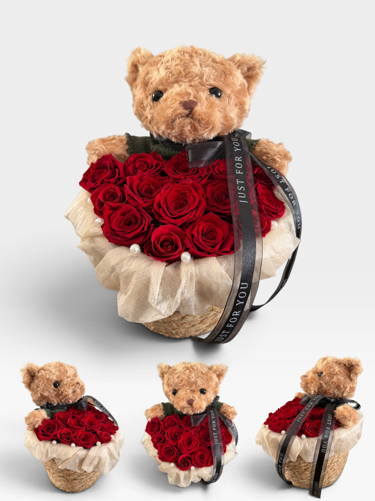 Teddy bear with deep red preserved roses in a basket, front and side views