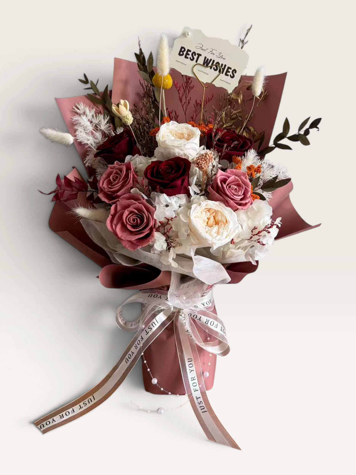 Burgundy Romance large preserved flower bouquet in burgundy, dusty pink and ivory with layered pink wrapping and ribbons