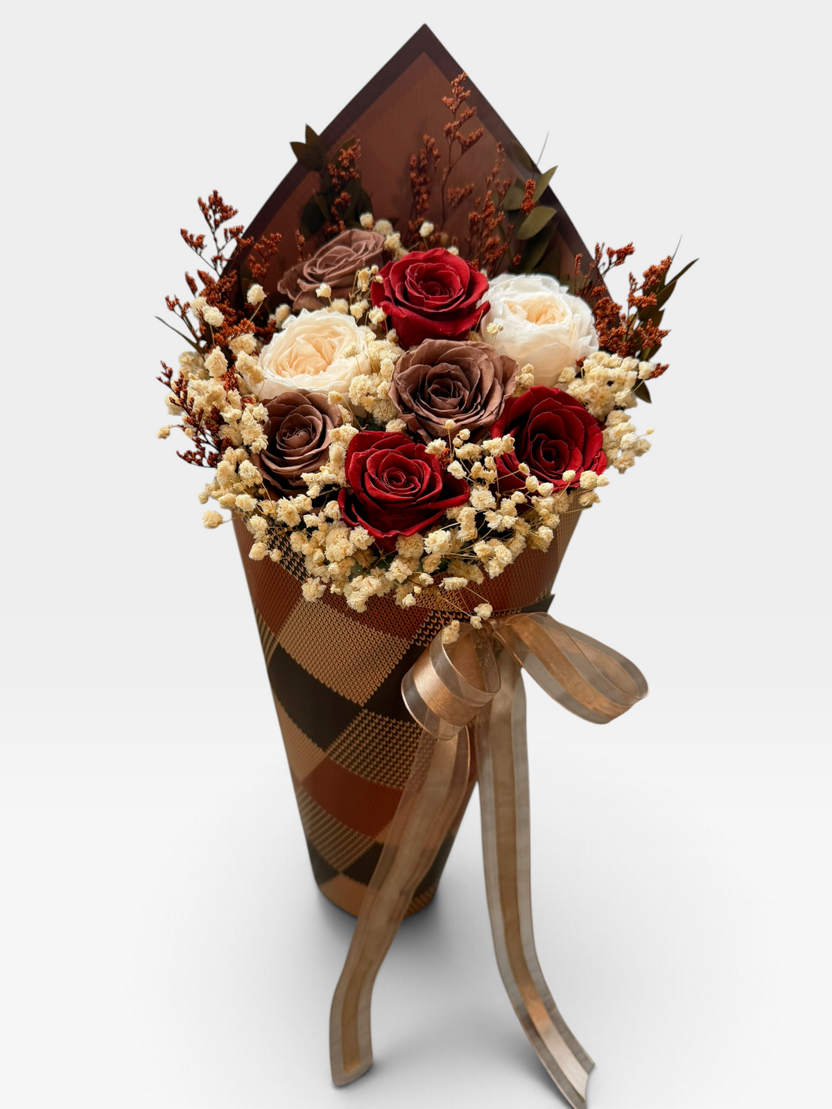 Fall limited preserved floral arrangement in burgundy, mocha, ivory, and rust tones