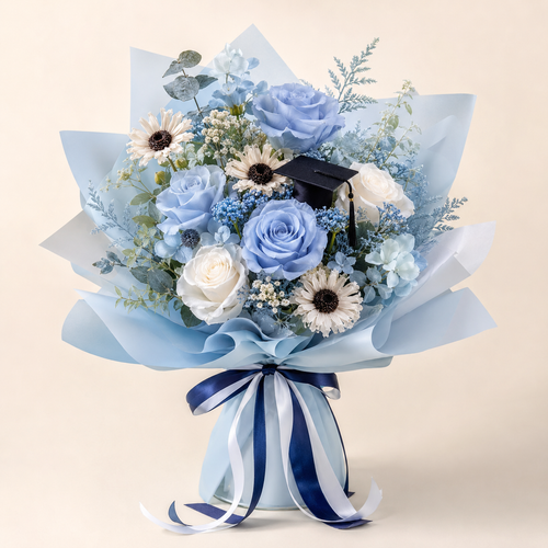 Blue Graduation preserved flower bouquet