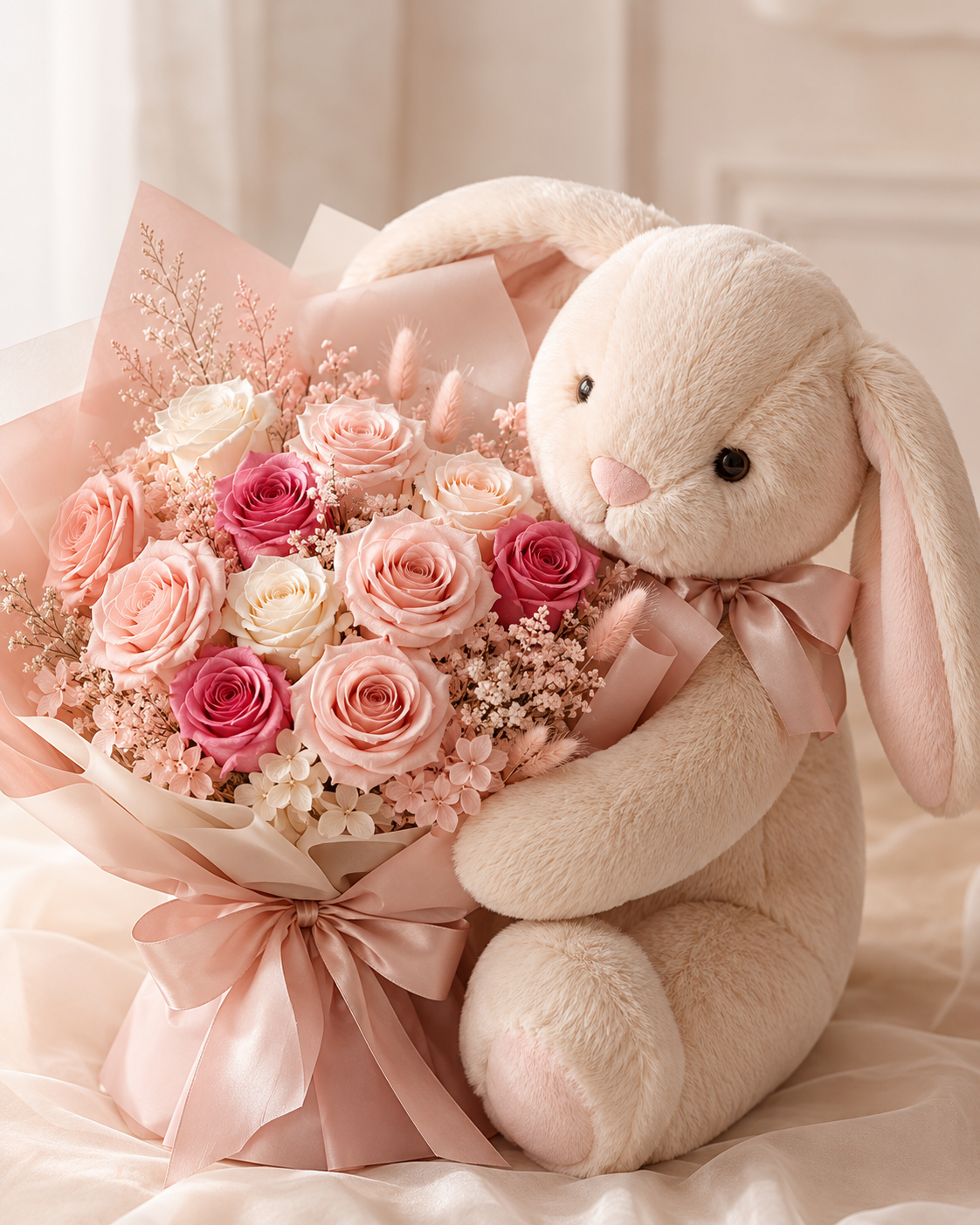 Bunny plush with preserved rose bouquet