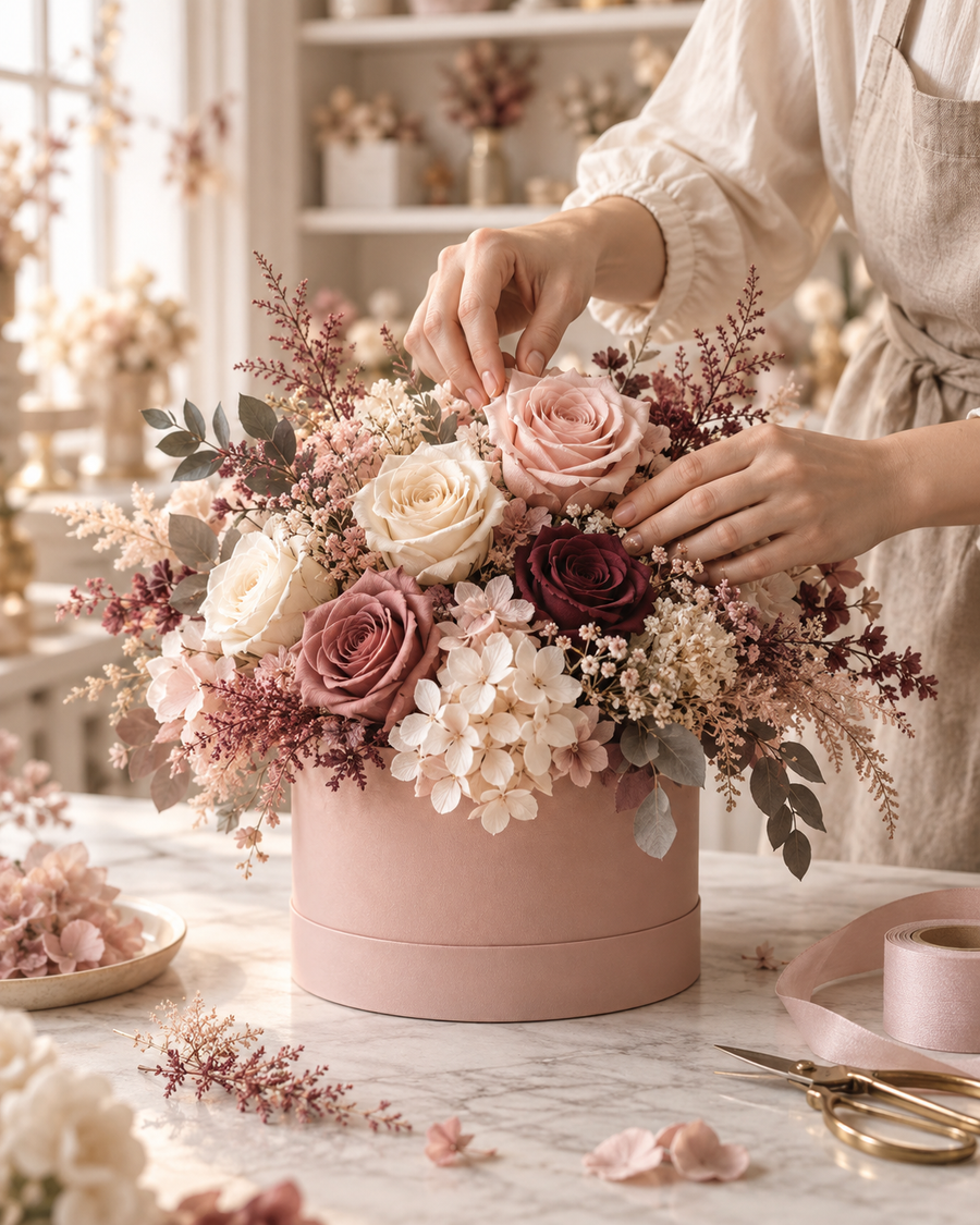 Florist creating a custom preserved flower arrangement