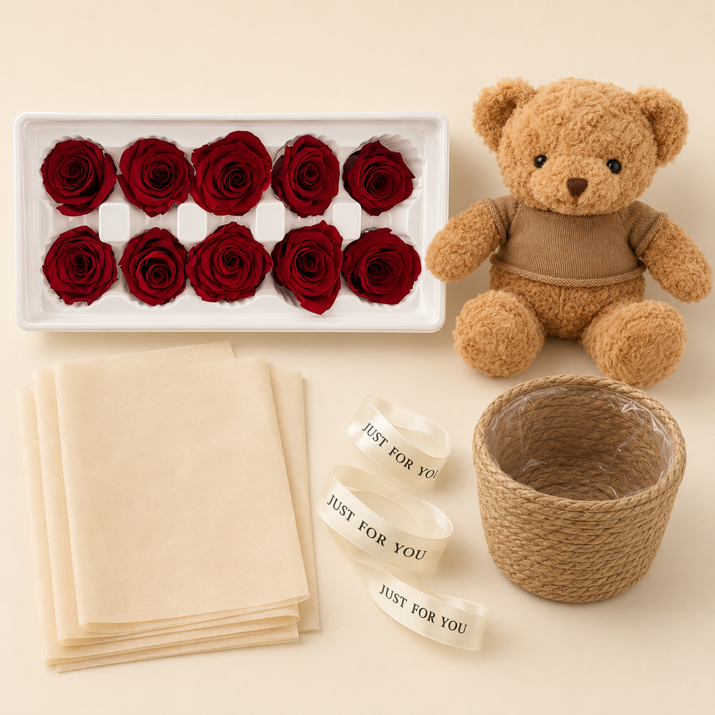 DIY Bear Hug Rose Basket Kit contents with boxed roses, wrapping paper, ribbons, bamboo basket and teddy bear