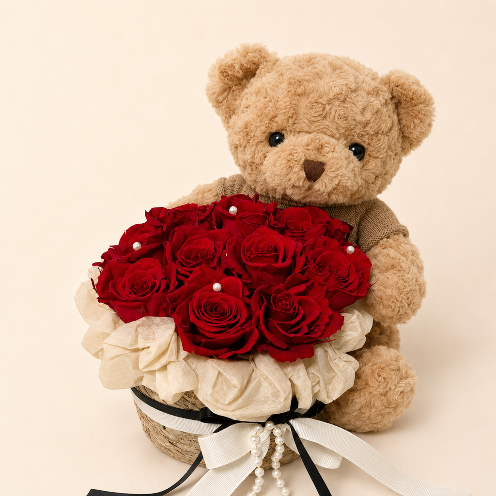Finished DIY Bear Hug Preserved Rose Basket Kit example