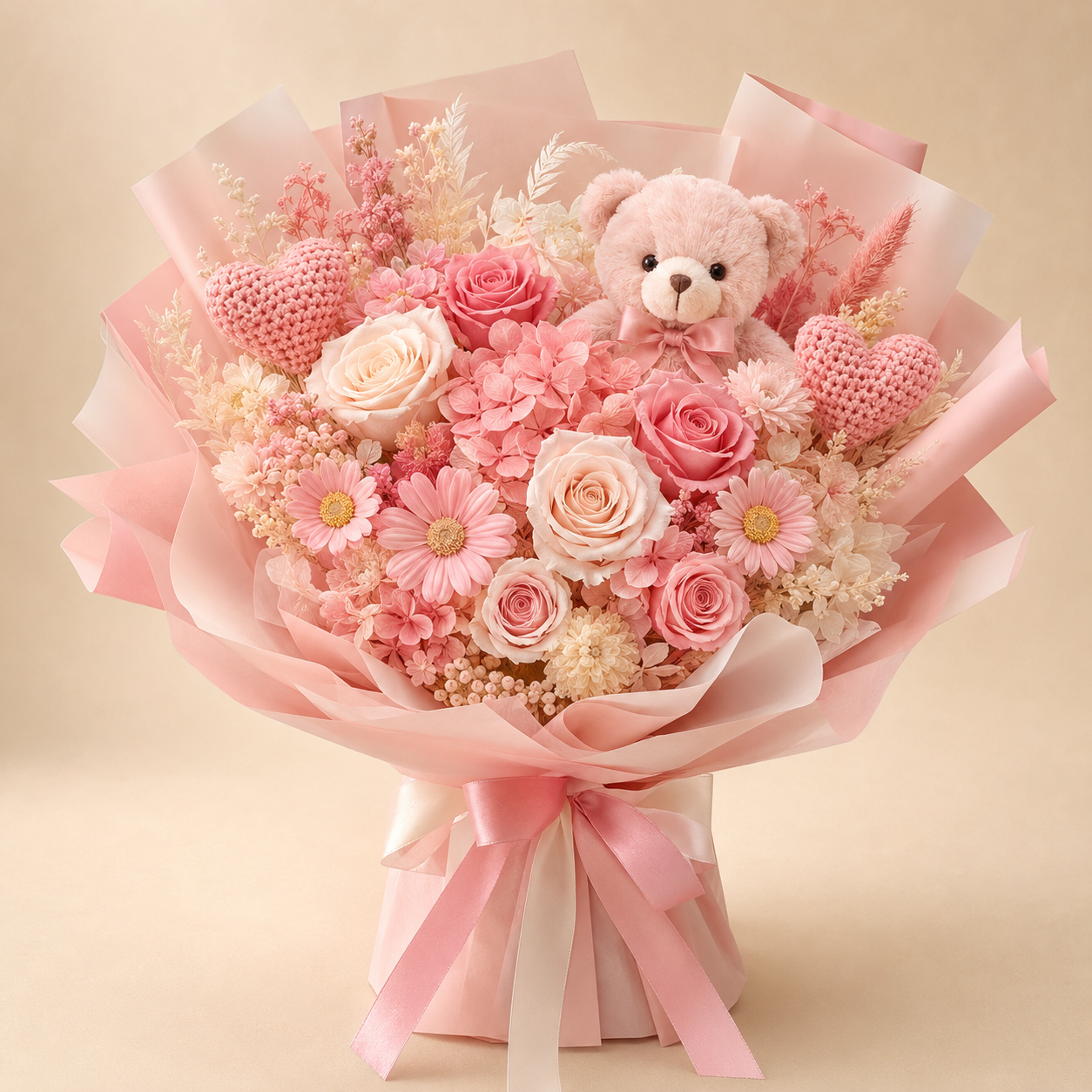 Pink Teddy Love preserved flower bouquet