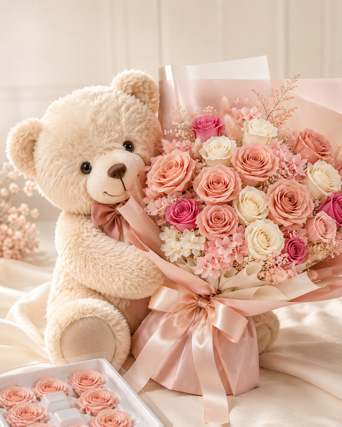 Teddy bear with preserved rose bouquet