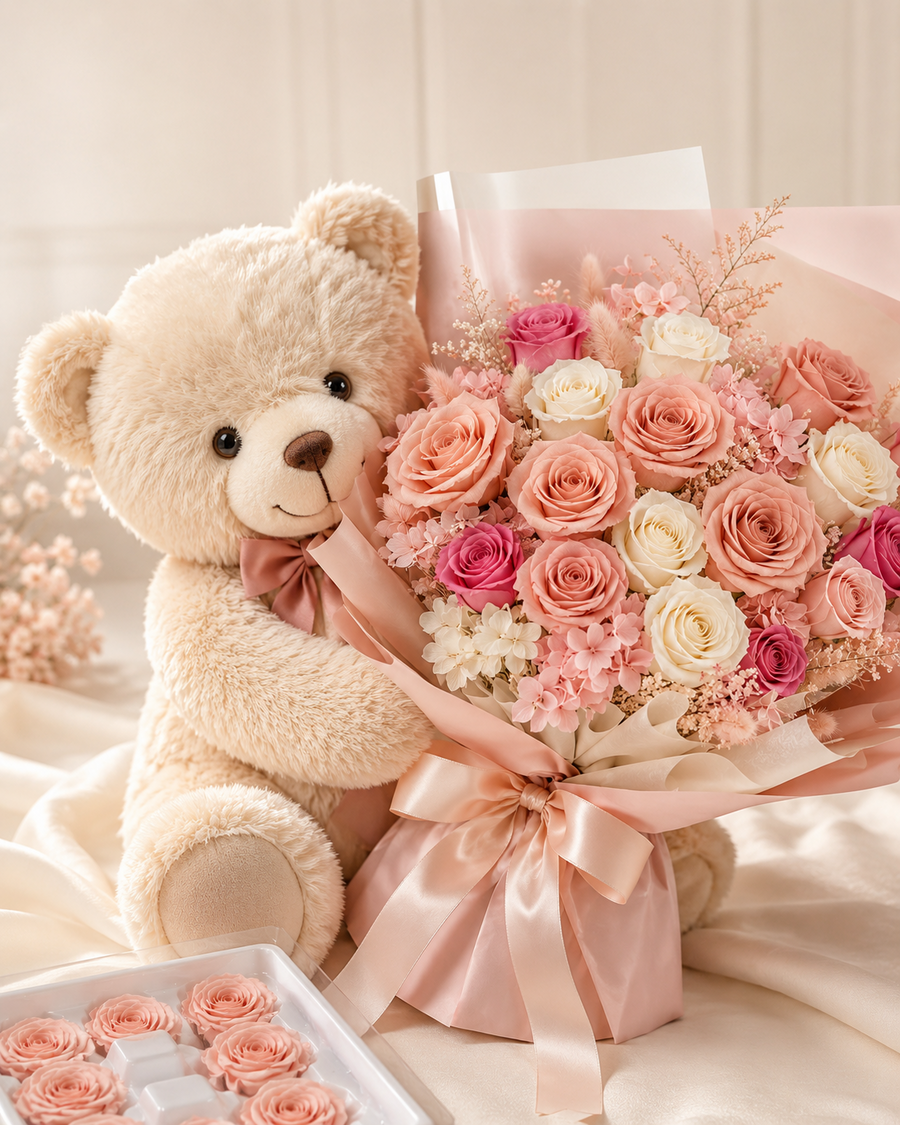 Teddy bear with preserved rose bouquet