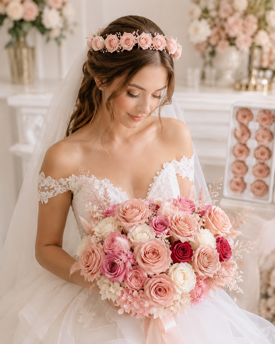 Bride wearing and holding pink preserved roses