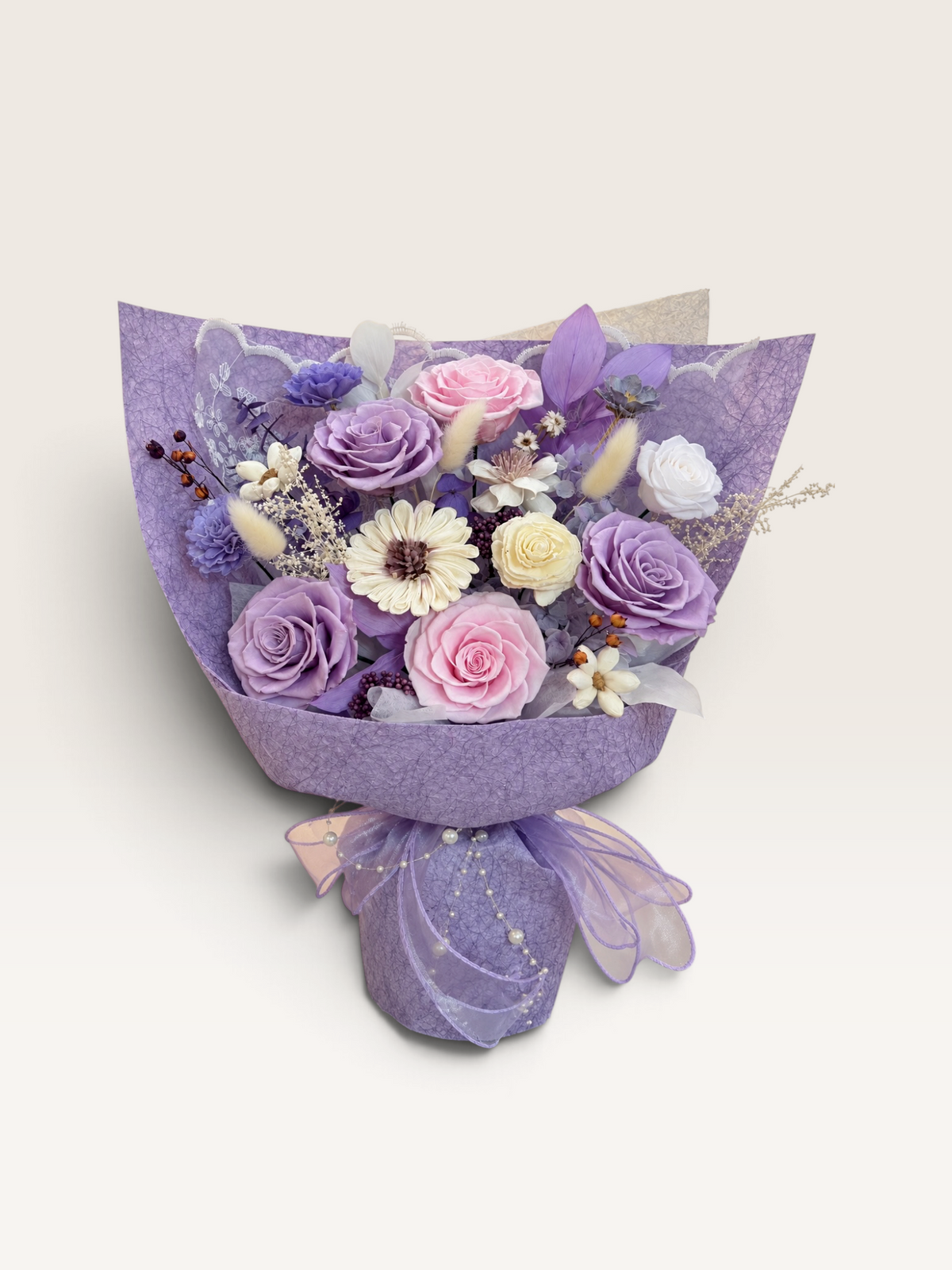 Lilac Pearl original pink and lavender preserved flower bouquet photo