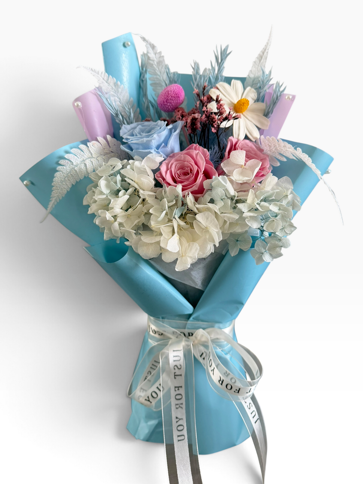 Blue Blush medium preserved flower bouquet in blue, pink and ivory