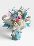 Pearl Sky medium preserved flower bouquet in pastel blue, pink and white with pearl details